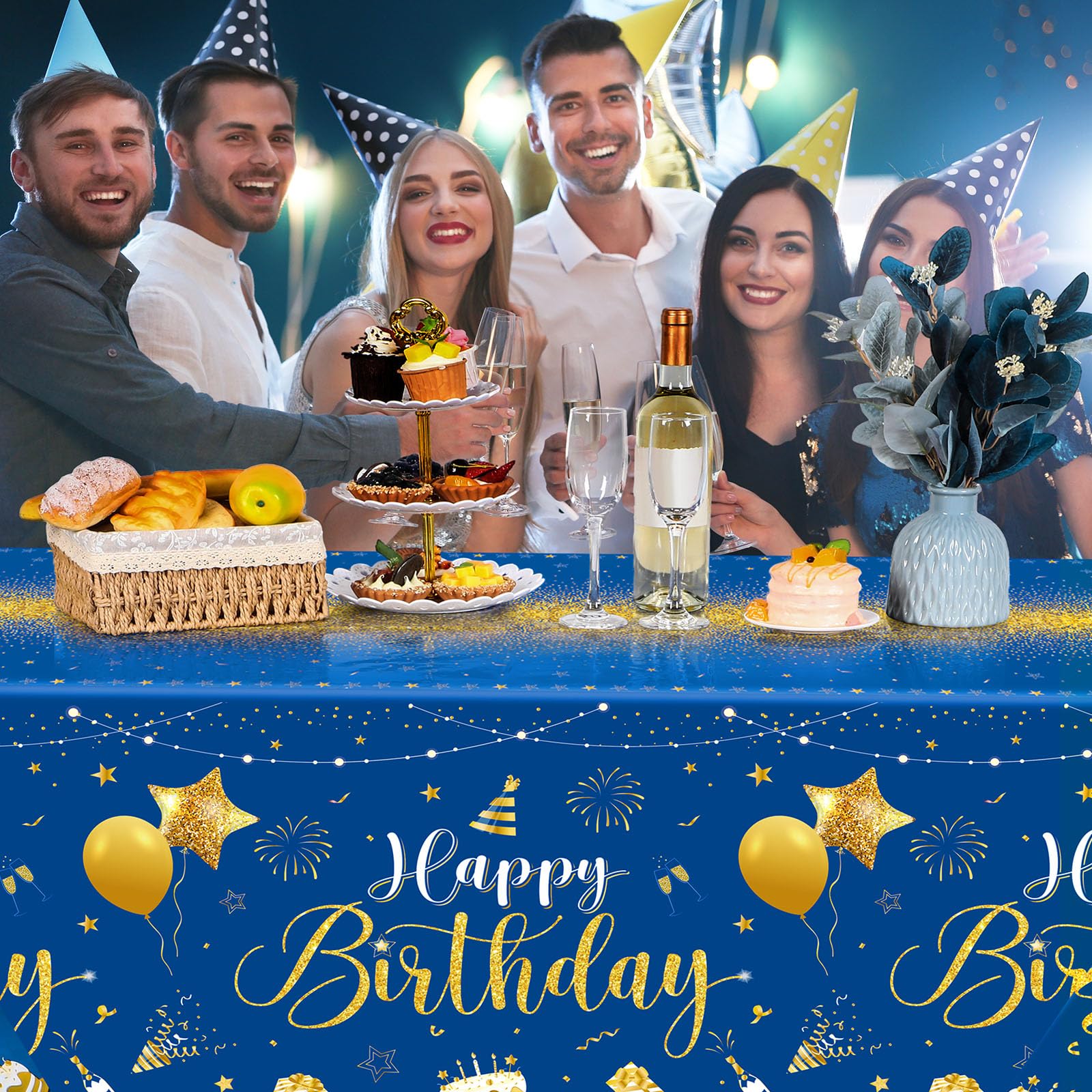 Tudomro 3 Pcs Happy Birthday Tablecloths – Blue & Silver, 54x108 in, Disposable Plastic Covers