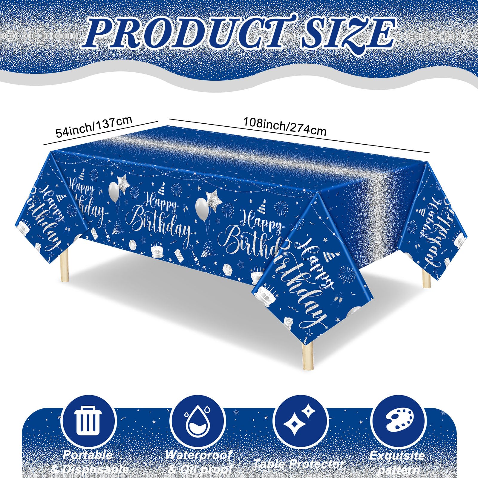 Tudomro 3 Pcs Happy Birthday Tablecloths – Blue & Silver, 54x108 in, Disposable Plastic Covers