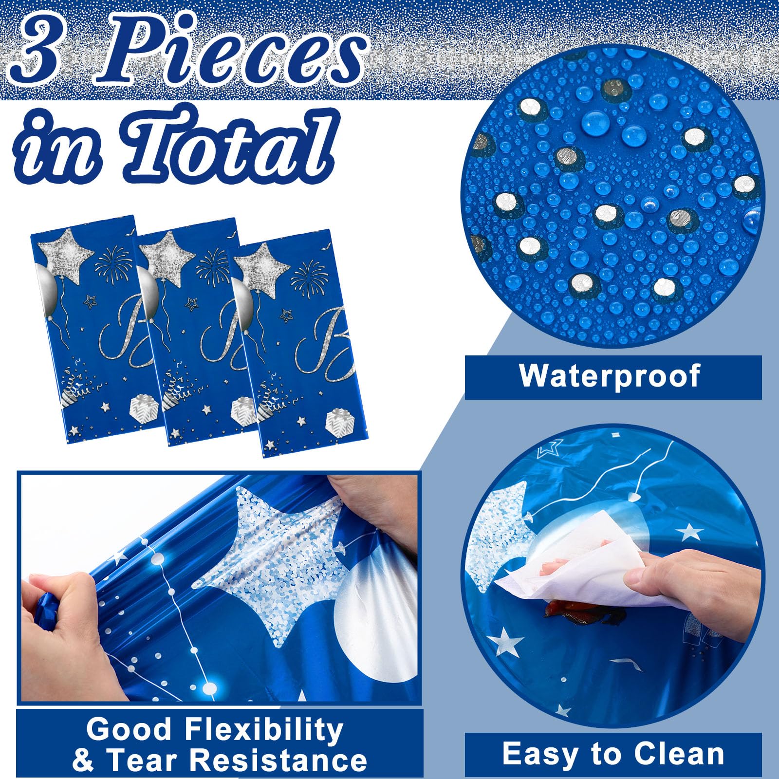 Tudomro 3 Pcs Happy Birthday Tablecloths – Blue & Silver, 54x108 in, Disposable Plastic Covers