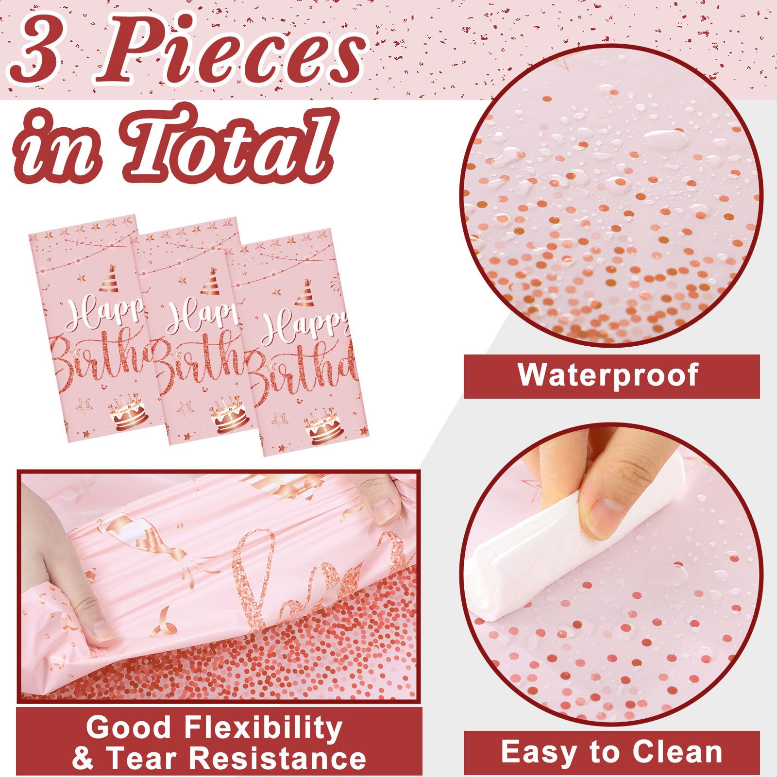 Tudomro 3 Pcs Happy Birthday Tablecloths - Pink Rose Gold - Disposable Plastic Table Cover, 54 x 108 in