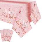 Tudomro 3 Pcs Happy Birthday Tablecloths - Pink Rose Gold - Disposable Plastic Table Cover, 54 x 108 in