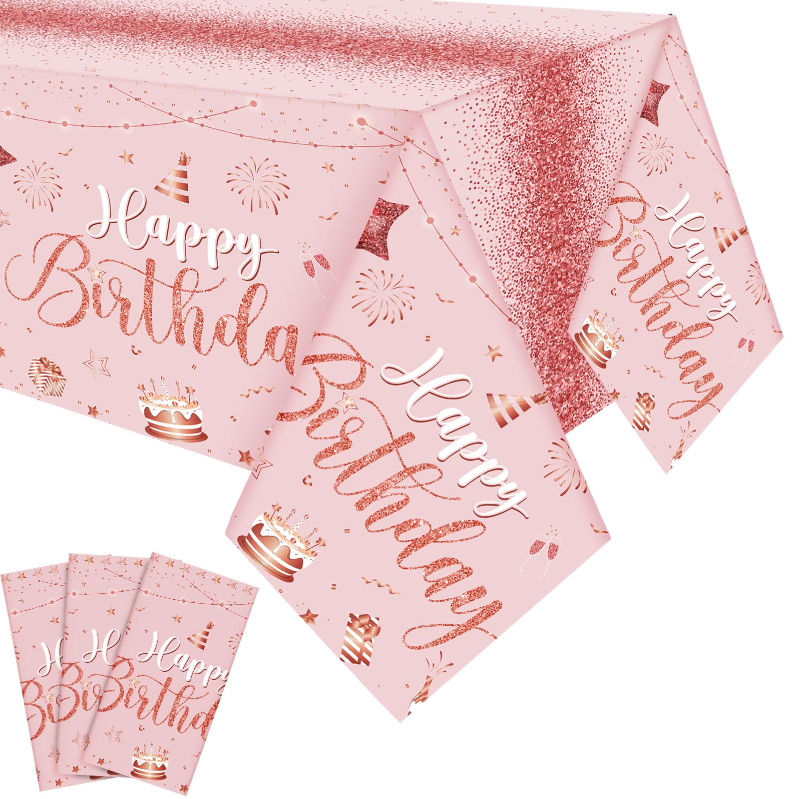 Tudomro 3 Pcs Happy Birthday Tablecloths - Pink Rose Gold - Disposable Plastic Table Cover, 54 x 108 in