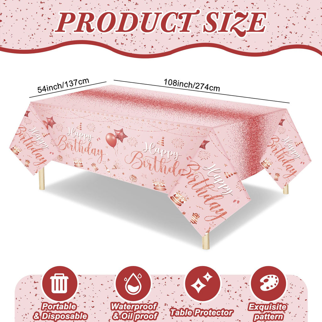 Tudomro 3 Pcs Happy Birthday Tablecloths - Pink Rose Gold - Disposable Plastic Table Cover, 54 x 108 in