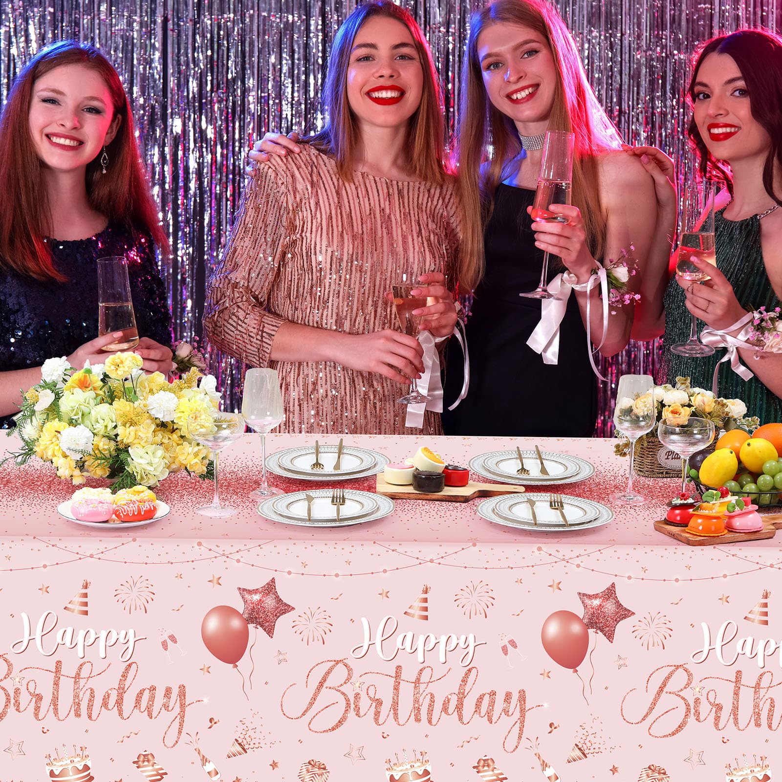 Tudomro 3 Pcs Happy Birthday Tablecloths - Pink Rose Gold - Disposable Plastic Table Cover, 54 x 108 in