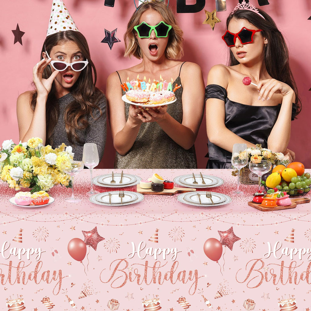 Tudomro 3 Pcs Happy Birthday Tablecloths - Pink Rose Gold - Disposable Plastic Table Cover, 54 x 108 in
