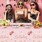 Tudomro 3 Pcs Happy Birthday Tablecloths - Pink Rose Gold - Disposable Plastic Table Cover, 54 x 108 in