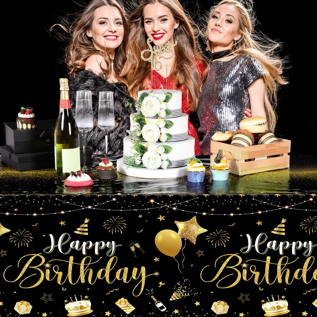 Tudomro 3 Pcs Happy Birthday Tablecloths – Black & Gold Disposable Table Covers 54 x 108 in