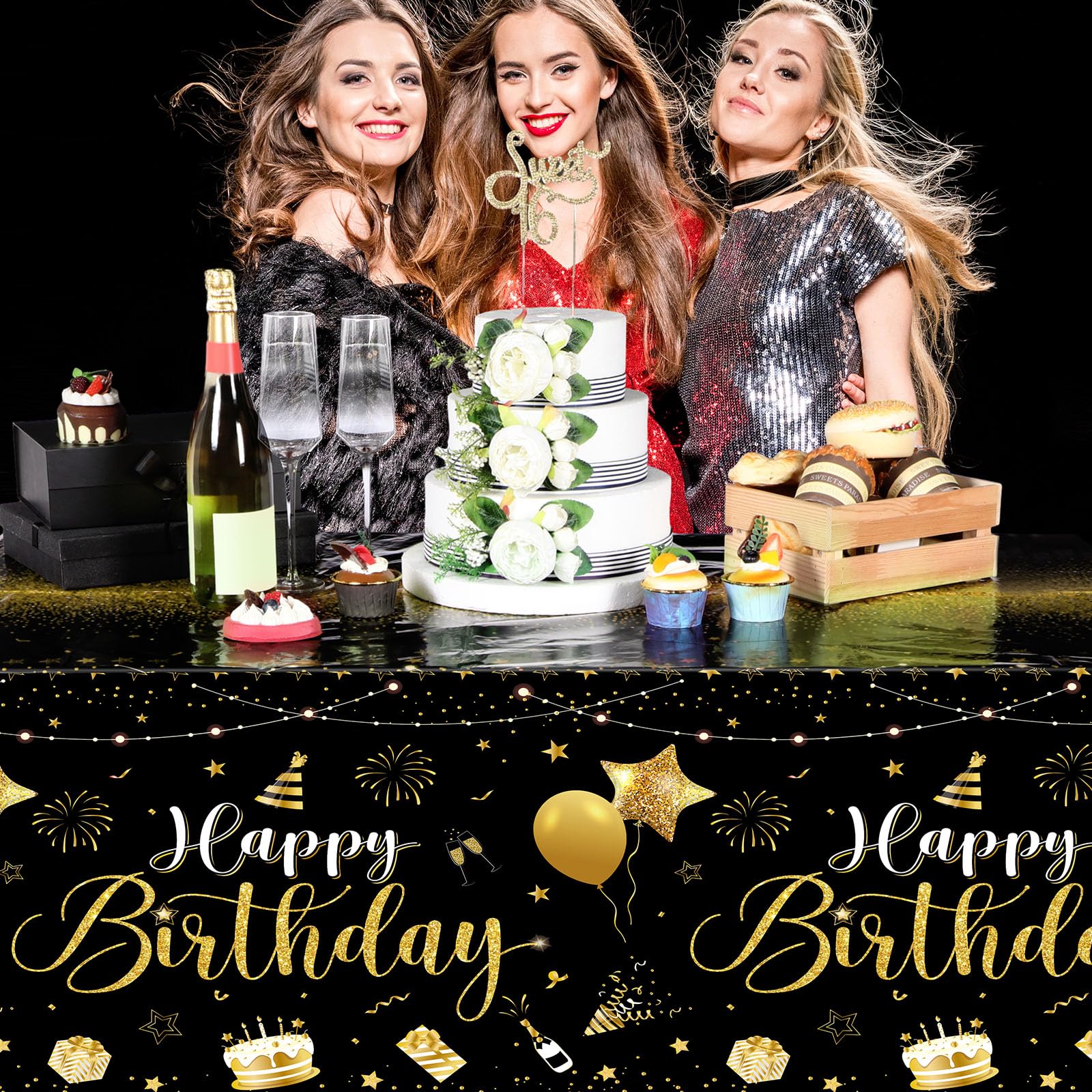 Tudomro 3 Pcs Happy Birthday Tablecloths – Black & Gold Disposable Table Covers 54 x 108 in