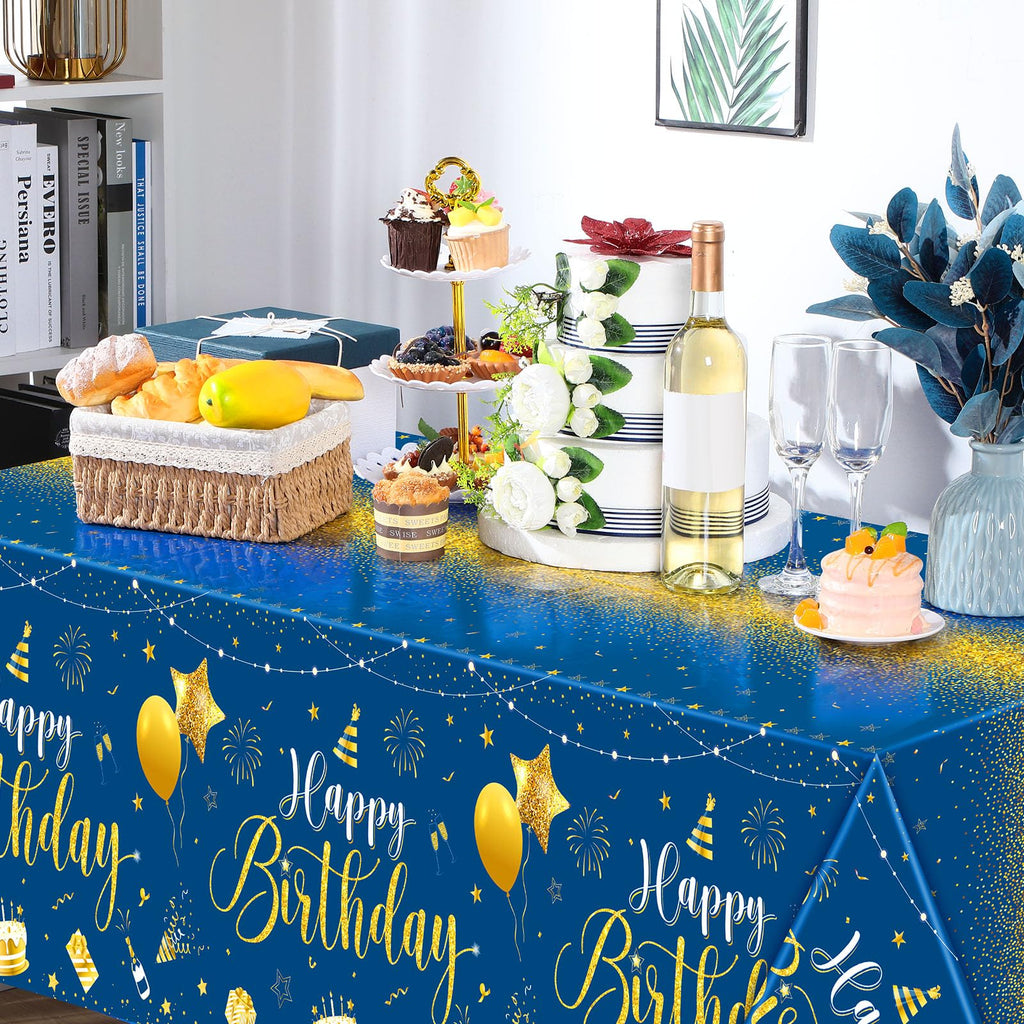 Tudomro 3 Pcs Happy Birthday Tablecloths – Blue & Gold, 108 x 54 in