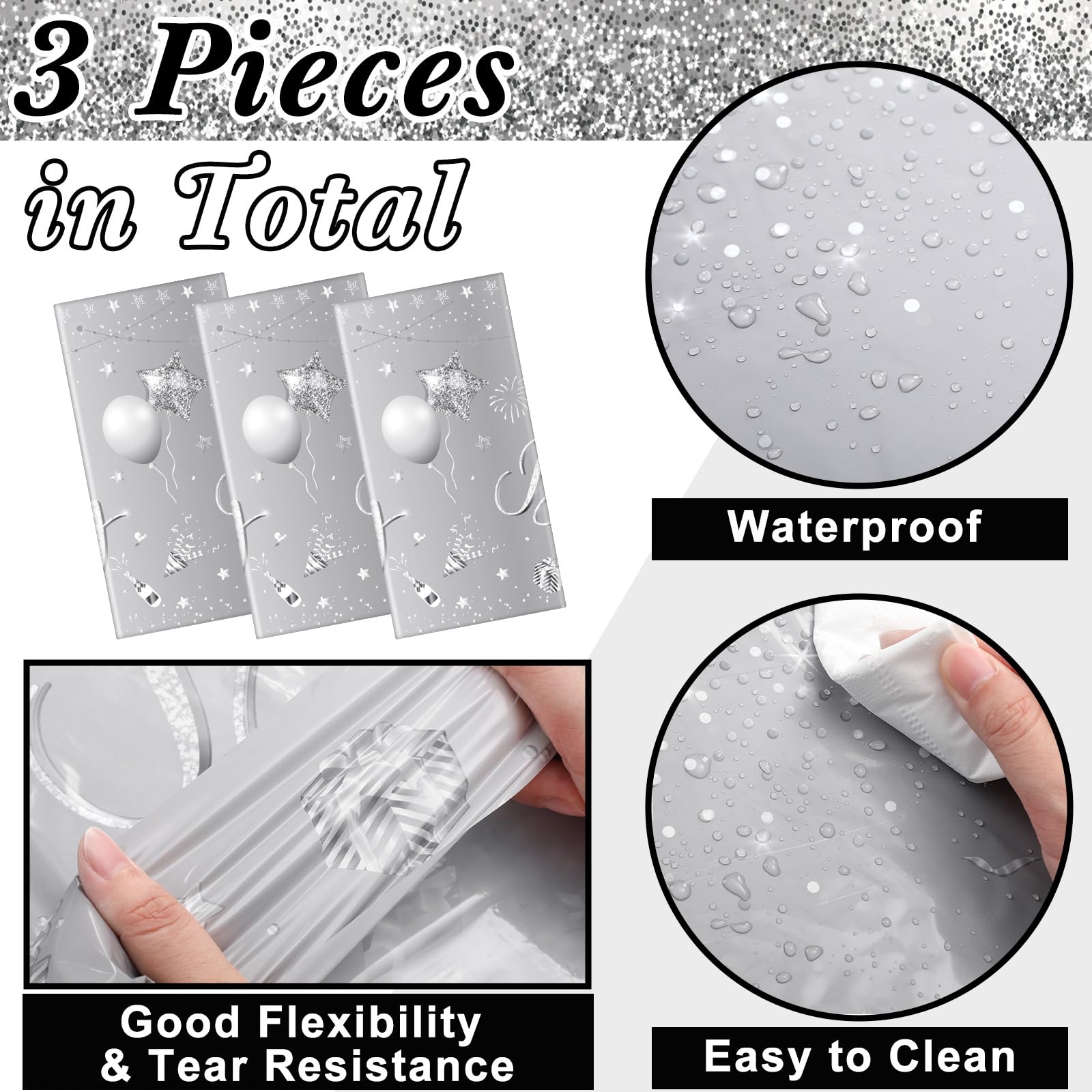 Tudomro 3 Pcs Happy Birthday Tablecloths – 54 x 108 in Silver Plastic Covers