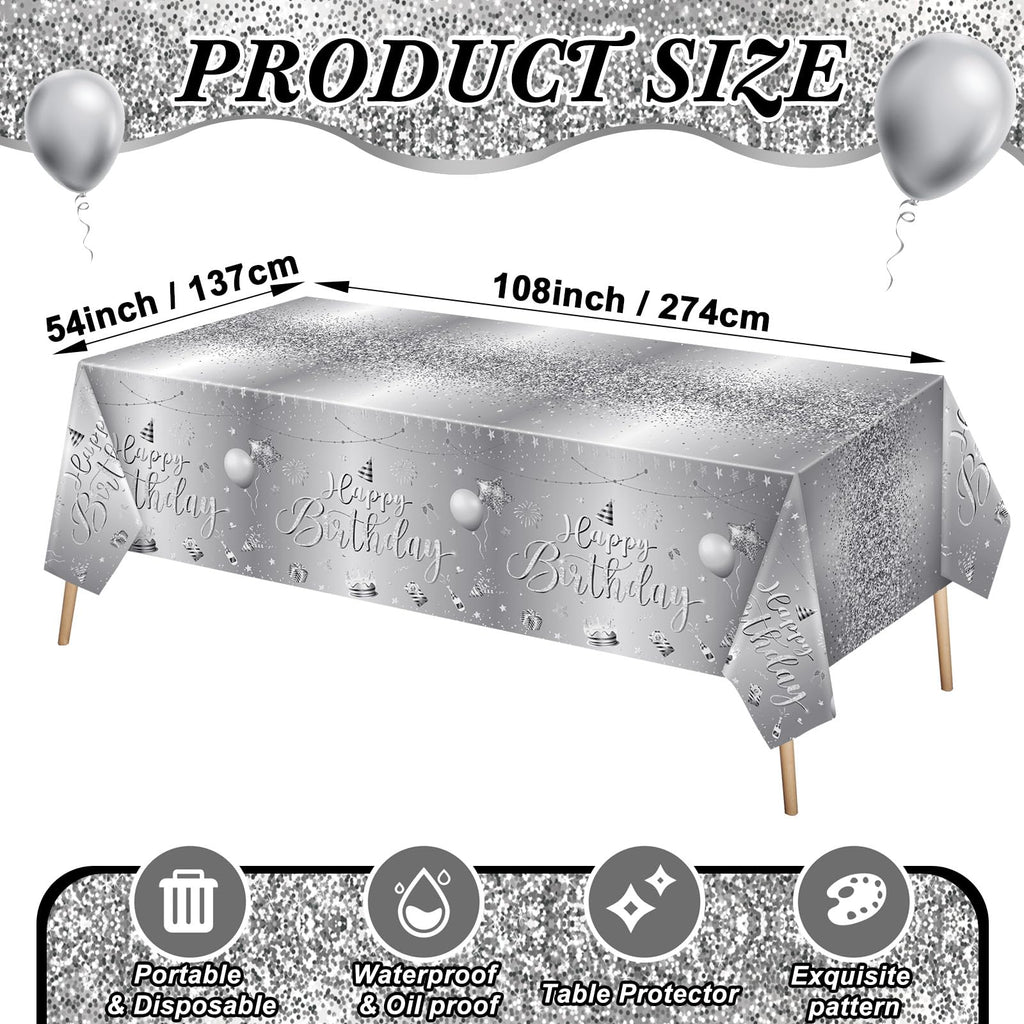 Tudomro 3 Pcs Happy Birthday Tablecloths – 54 x 108 in Silver Plastic Covers