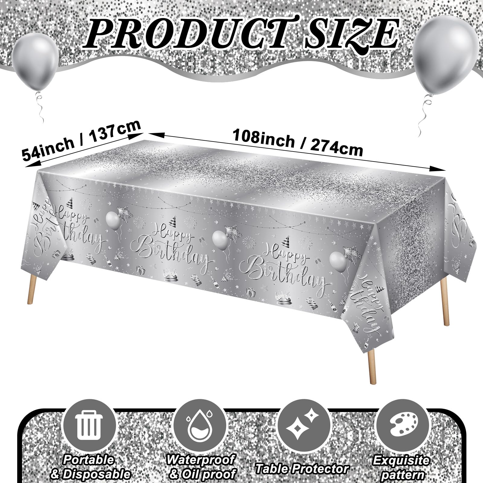 Tudomro 3 Pcs Happy Birthday Tablecloths – 54 x 108 in Silver Plastic Covers
