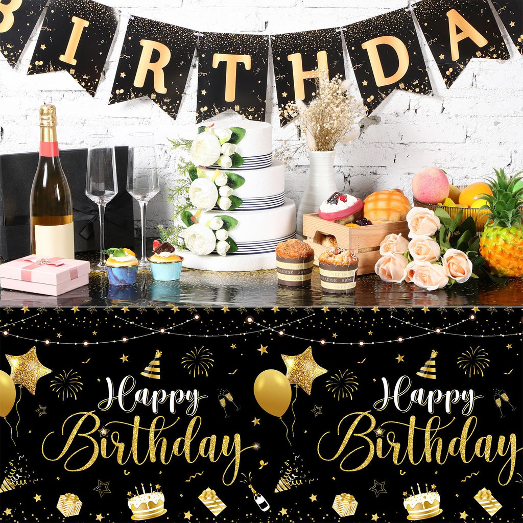 Tudomro 3 Pcs Happy Birthday Tablecloths – Black & Gold Disposable Table Covers 54 x 108 in