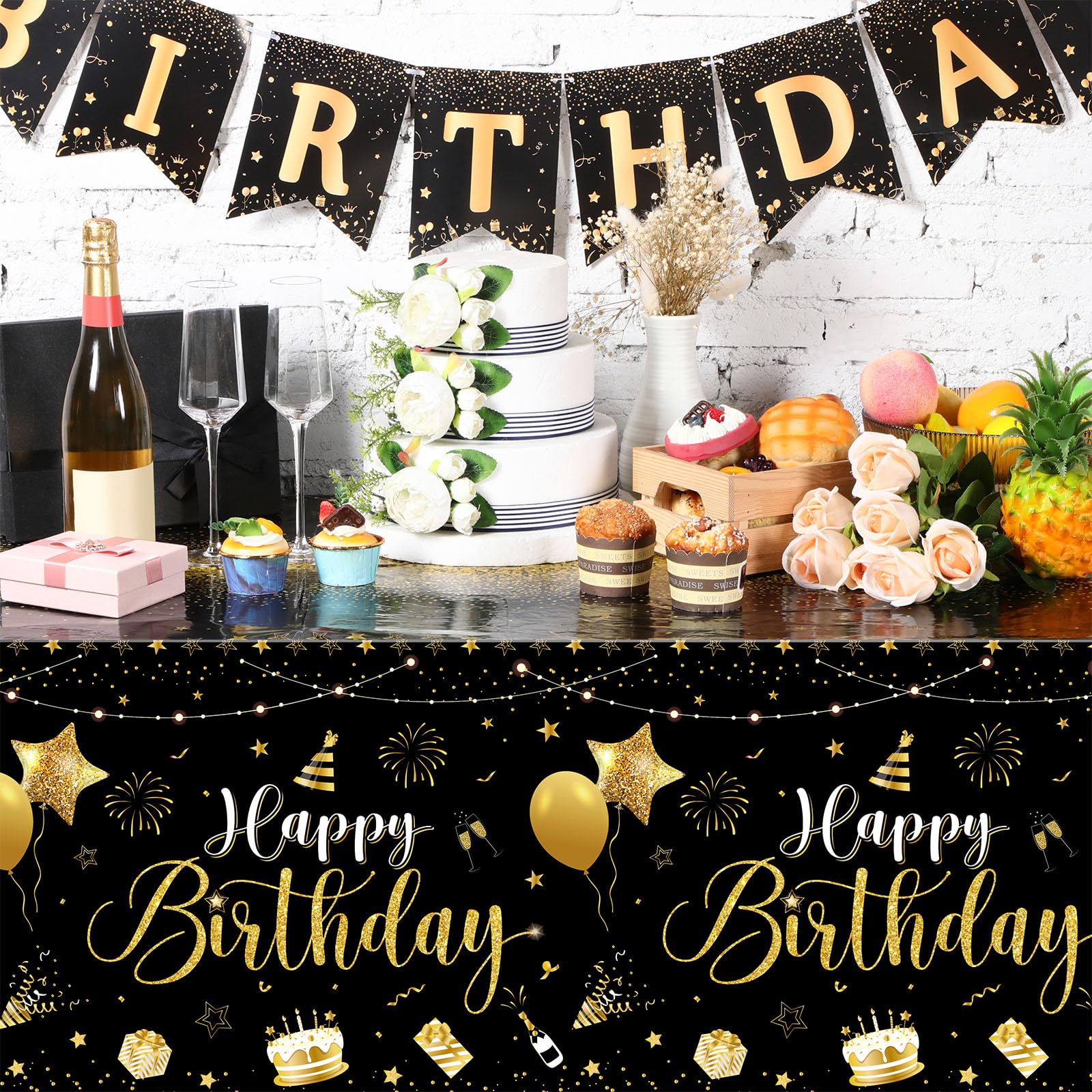 Tudomro 3 Pcs Happy Birthday Tablecloths – Black & Gold Disposable Table Covers 54 x 108 in