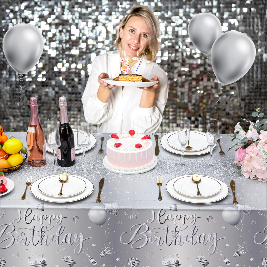 Tudomro 3 Pcs Happy Birthday Tablecloths – 54 x 108 in Silver Plastic Covers