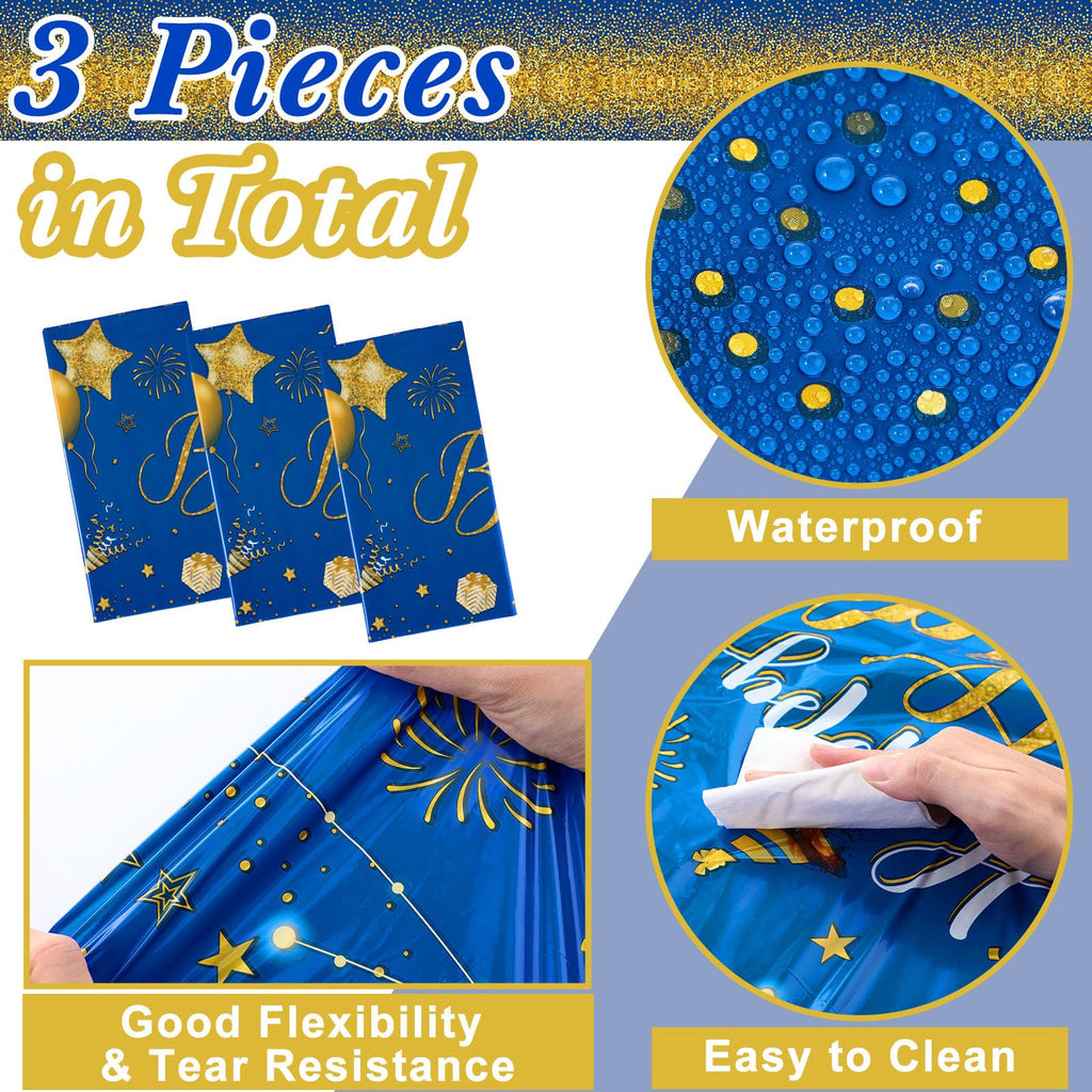 Tudomro 3 Pcs Happy Birthday Tablecloths – Blue & Gold, 108 x 54 in