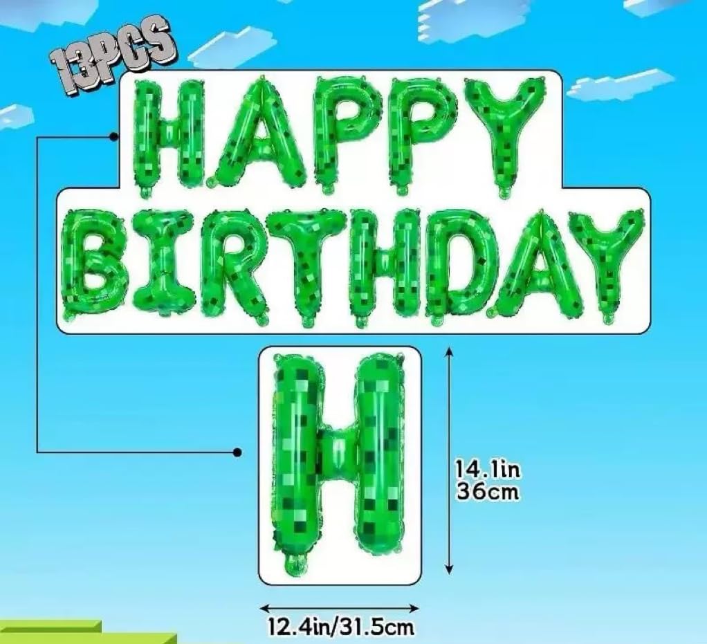 TUMEYET Cartoon Green Pixel Miner Birthday Balloons – 16 Inch Letters & Numbers Banner