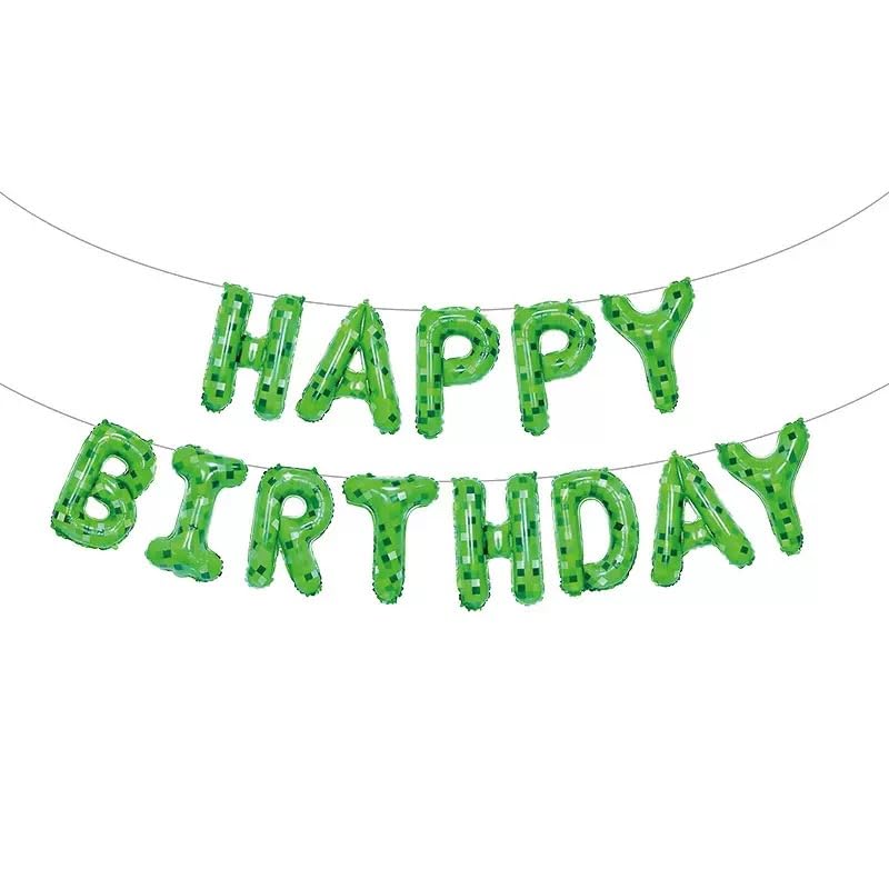TUMEYET Cartoon Green Pixel Miner Birthday Balloons – 16 Inch Letters & Numbers Banner