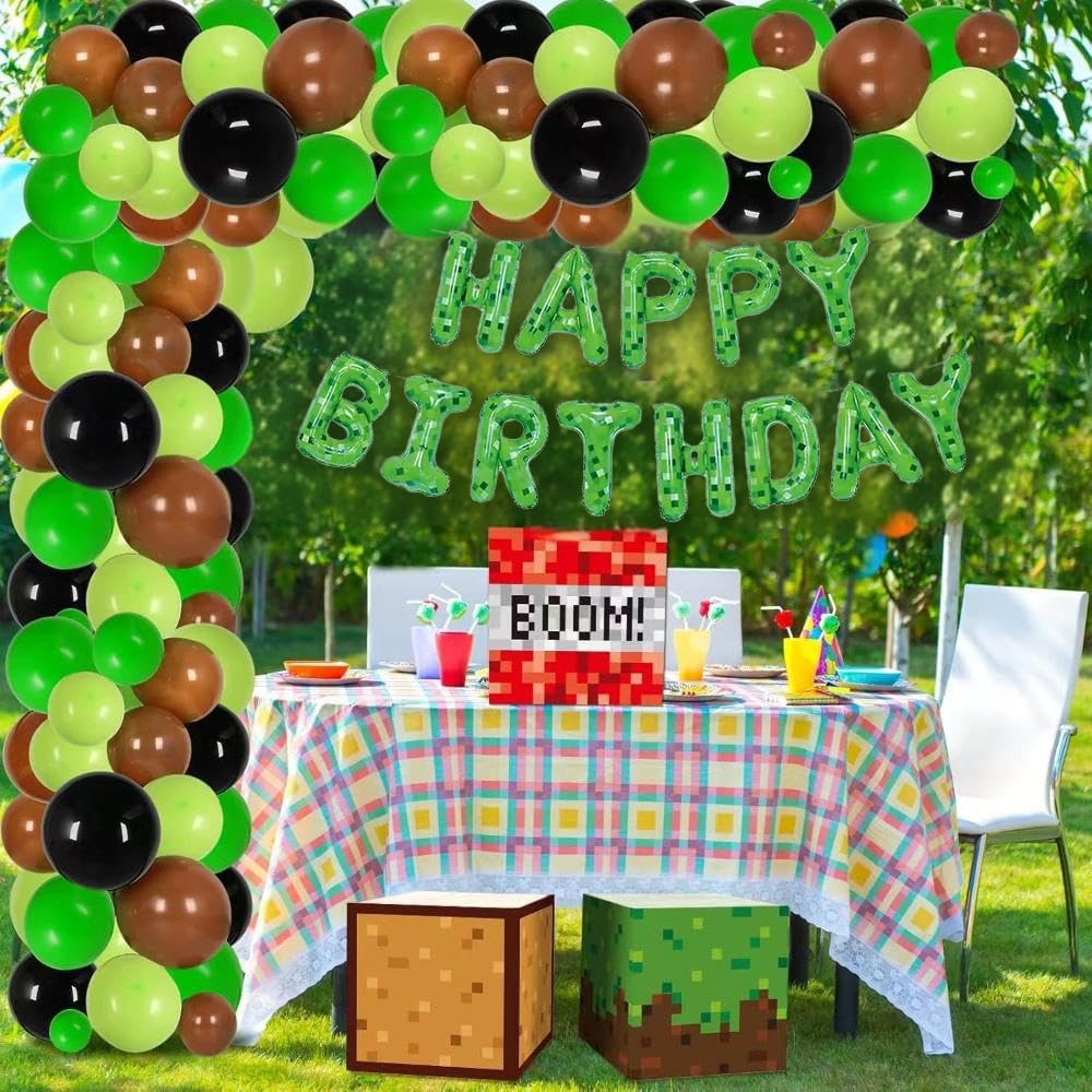 TUMEYET Cartoon Green Pixel Miner Birthday Balloons – 16 Inch Letters & Numbers Banner