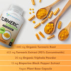 Turmeric Curcumin Supplement 2250mg/day - Veggie Caps | 95% Curcuminoids + BioPerine - 180 Count - Organic
