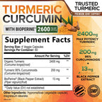 Turmeric Curcumin Supplement 2600mg – 95% Curcuminoids, BioPerine & Organic Turmeric – 240 Capsules | Made in USA