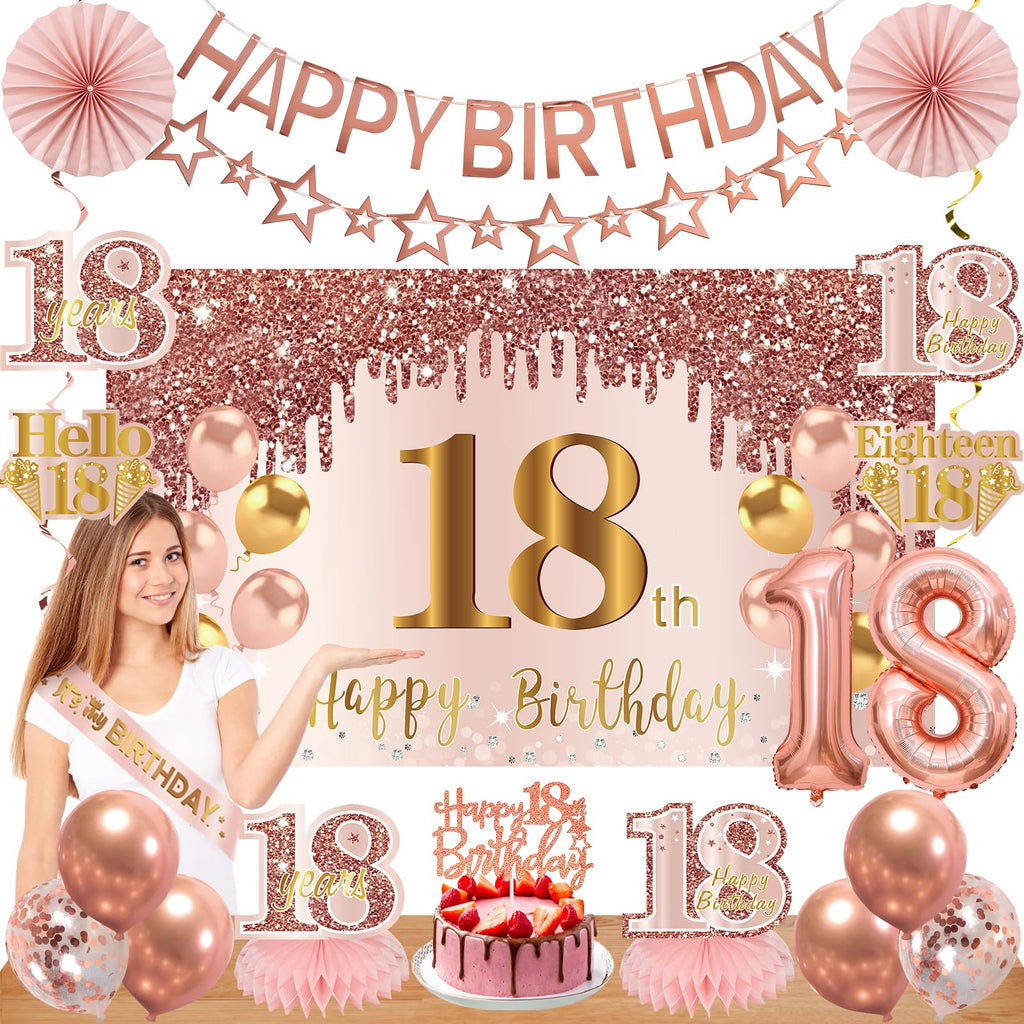 Turypaty 18th Birthday Decorations for Girls - Pink Rose Gold Banner, Balloons & Centerpieces