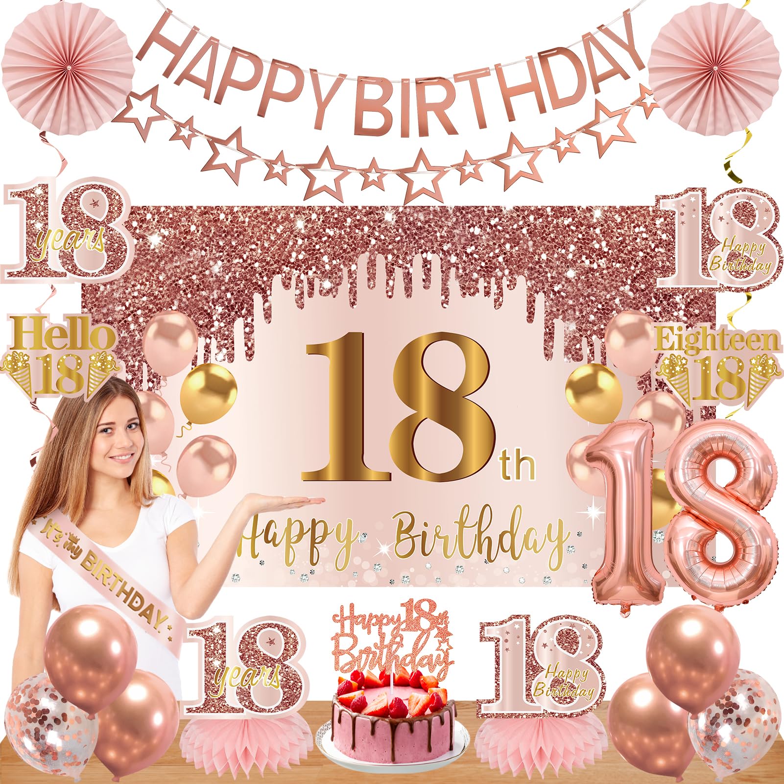 Turypaty 18th Birthday Decorations for Girls - Pink Rose Gold Banner, Balloons & Centerpieces