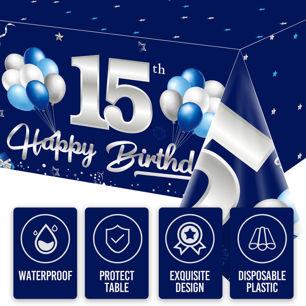 Turypaty 3 Pack Blue Silver 15th Birthday Tablecloth for Boys Navy Rectangle Table Cover