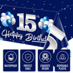 Turypaty 3 Pack Blue Silver 15th Birthday Tablecloth for Boys Navy Rectangle Table Cover