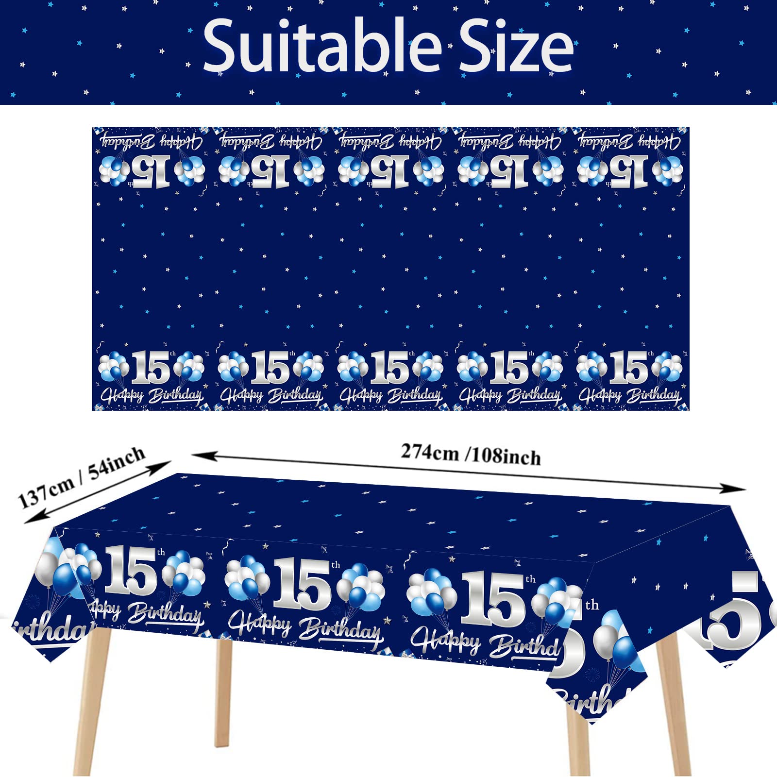 Turypaty 3 Pack Blue Silver 15th Birthday Tablecloth for Boys Navy Rectangle Table Cover