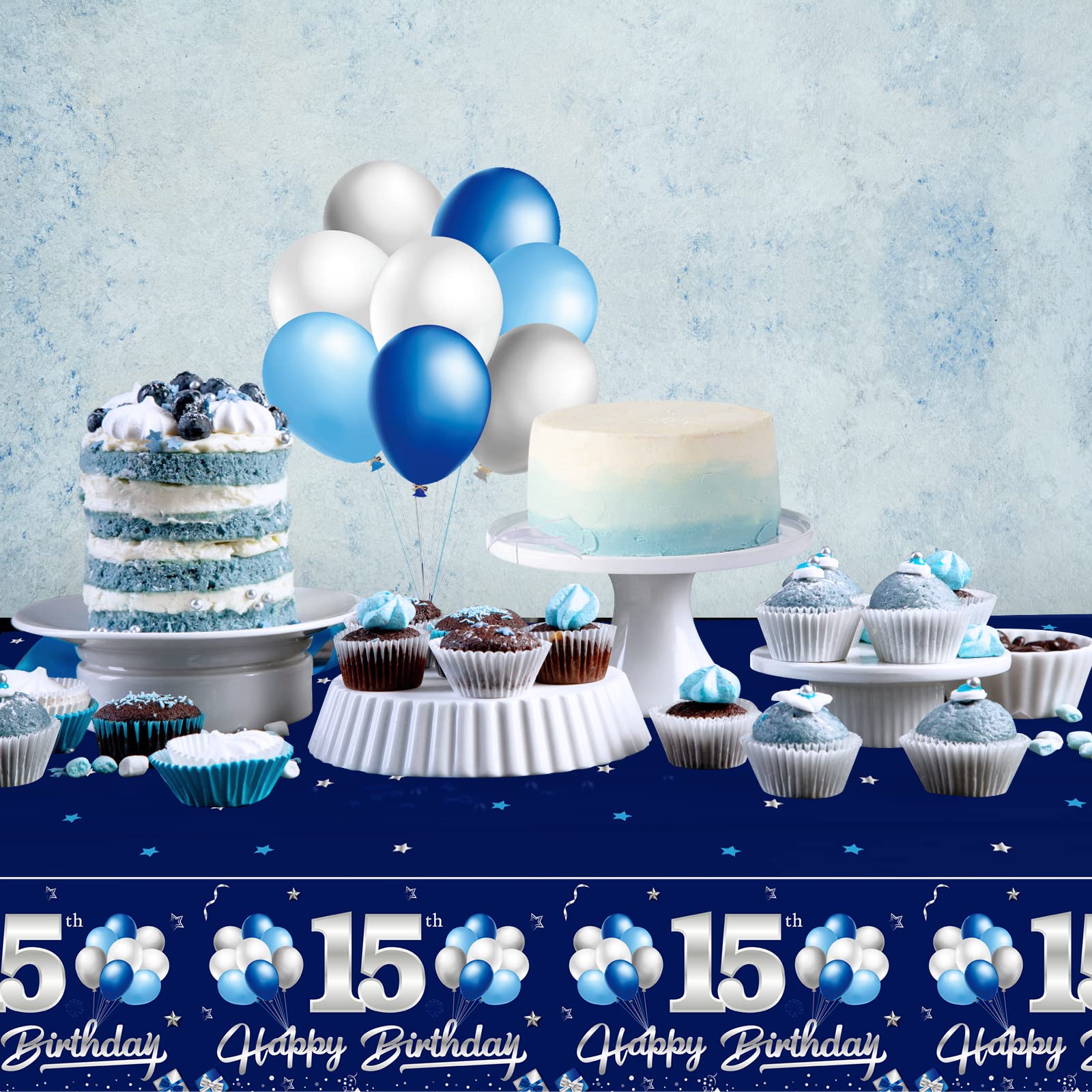 Turypaty 3 Pack Blue Silver 15th Birthday Tablecloth for Boys Navy Rectangle Table Cover