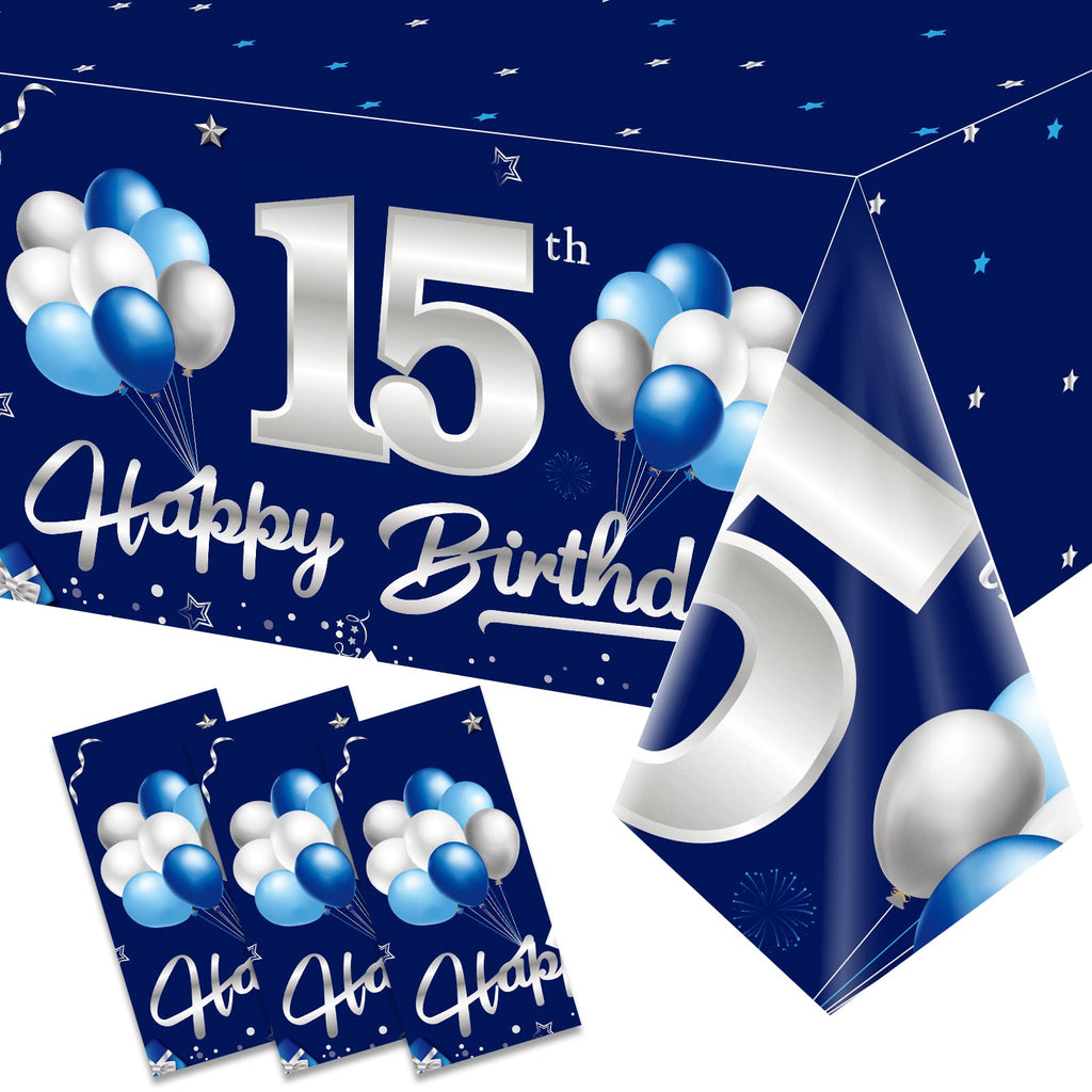 Turypaty 3 Pack Blue Silver 15th Birthday Tablecloth for Boys Navy Rectangle Table Cover