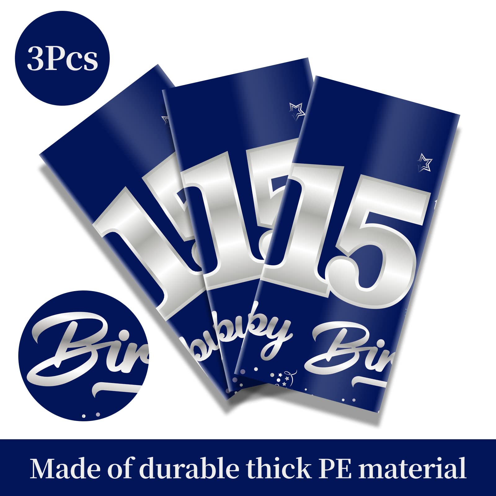 Turypaty 3 Pack Blue Silver 15th Birthday Tablecloth for Boys Navy Rectangle Table Cover