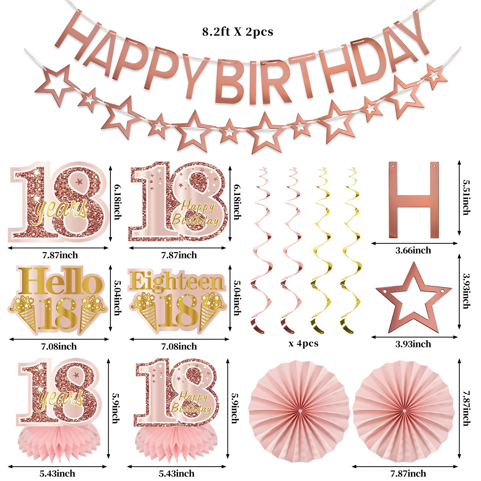 Turypaty 18th Birthday Decorations for Girls - Pink Rose Gold Banner, Balloons & Centerpieces