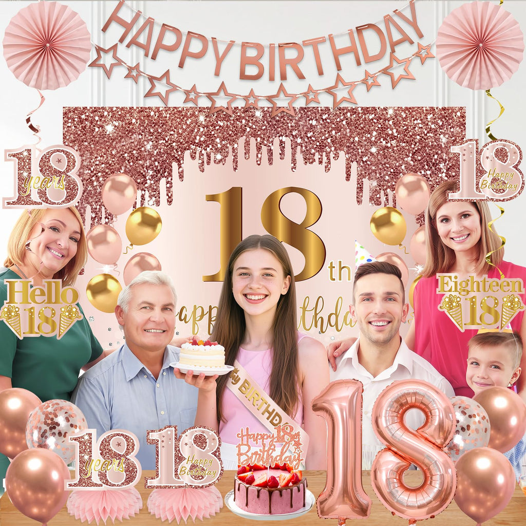 Turypaty 18th Birthday Decorations for Girls - Pink Rose Gold Banner, Balloons & Centerpieces