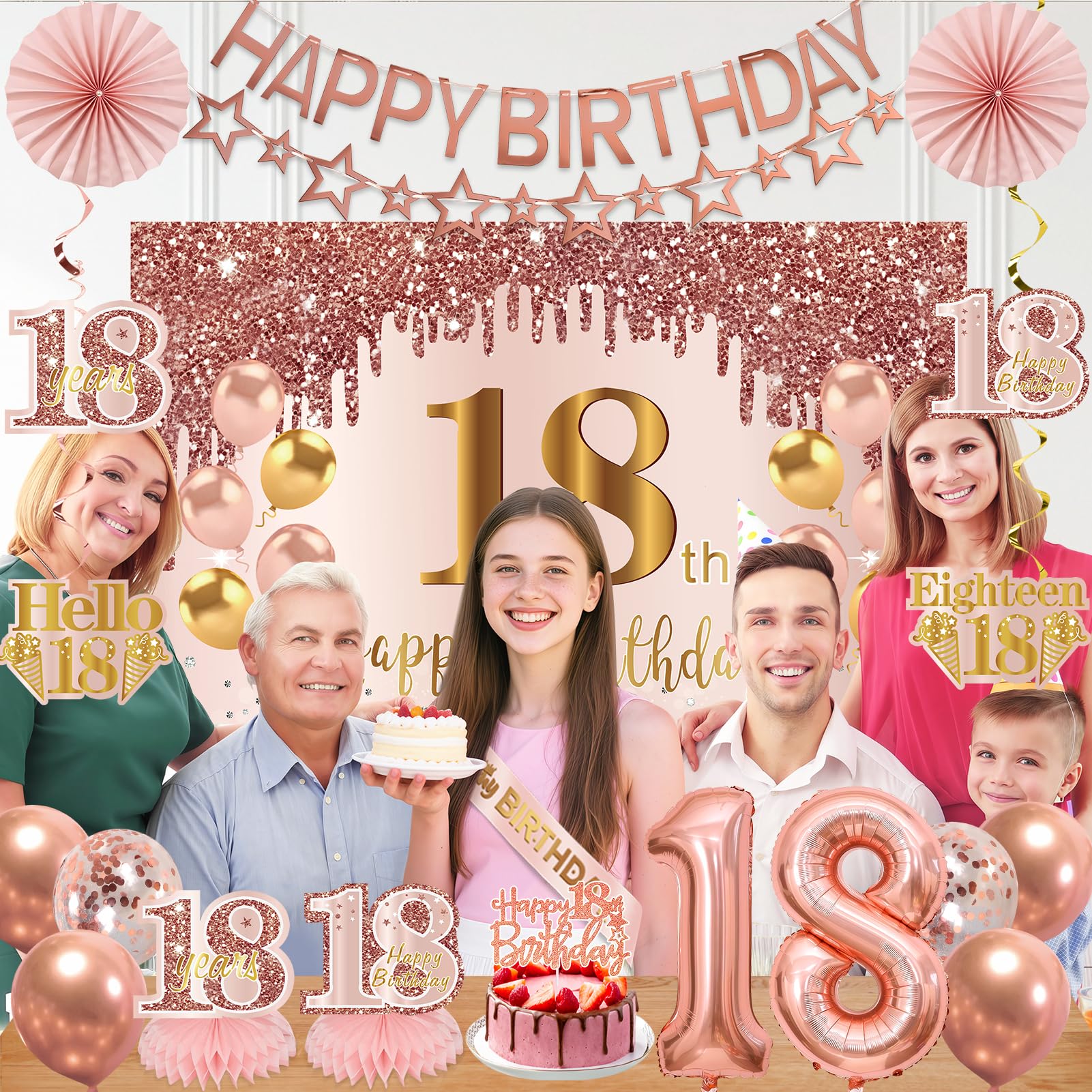 Turypaty 18th Birthday Decorations for Girls - Pink Rose Gold Banner, Balloons & Centerpieces