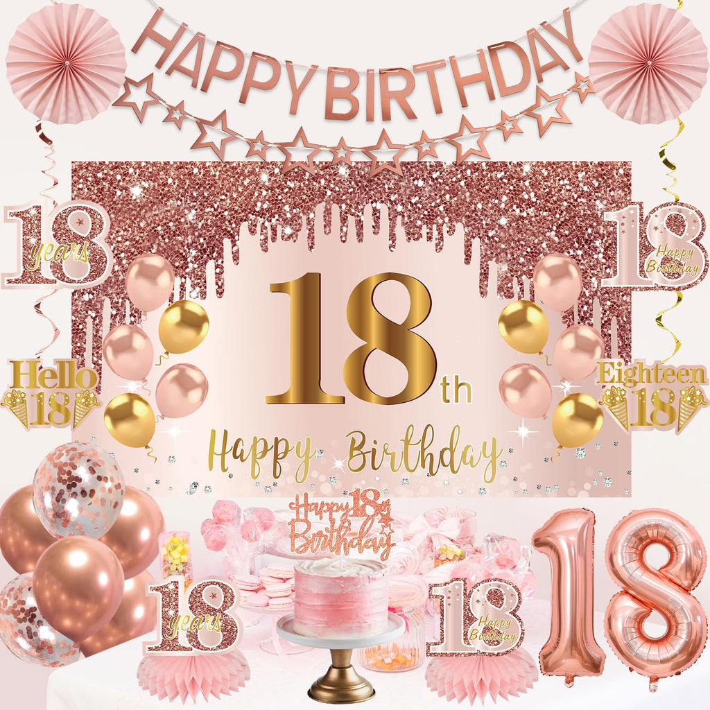 Turypaty 18th Birthday Decorations for Girls - Pink Rose Gold Banner, Balloons & Centerpieces