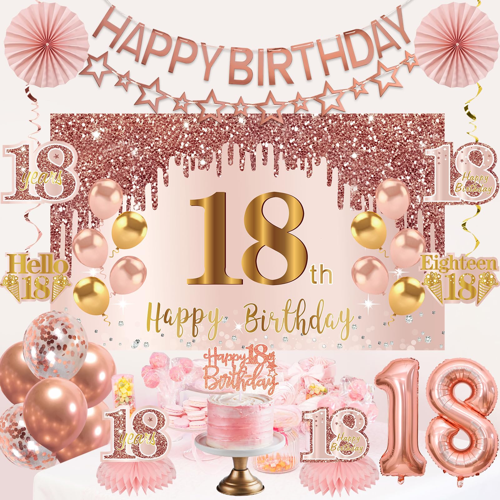 Turypaty 18th Birthday Decorations for Girls - Pink Rose Gold Banner, Balloons & Centerpieces
