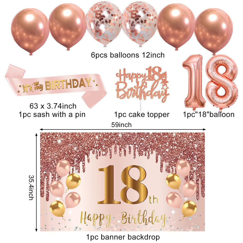 Turypaty 18th Birthday Decorations for Girls - Pink Rose Gold Banner, Balloons & Centerpieces