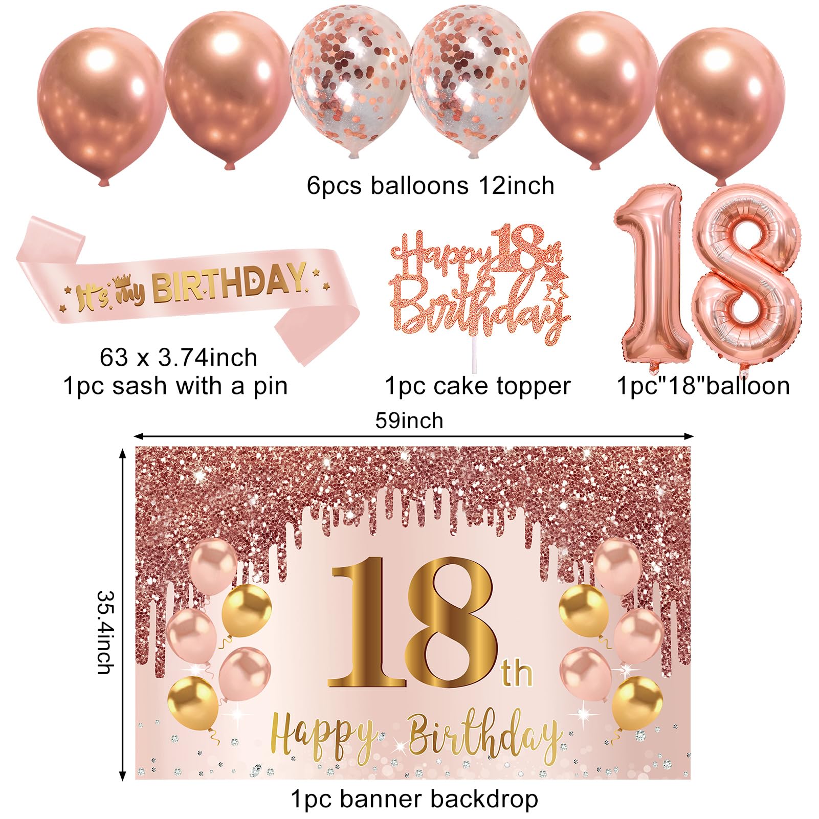 Turypaty 18th Birthday Decorations for Girls - Pink Rose Gold Banner, Balloons & Centerpieces