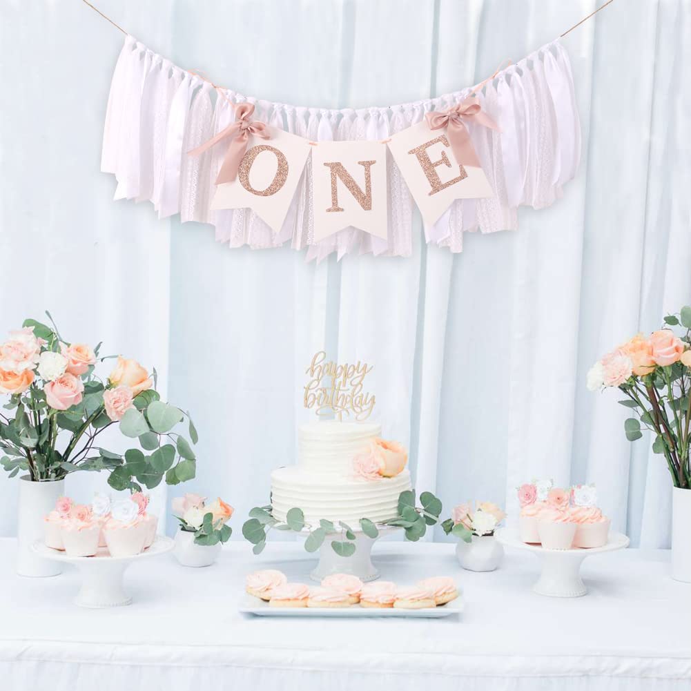 TUTOTU Rose Gold Blush & White 1st Birthday Banner - Highchair Decor