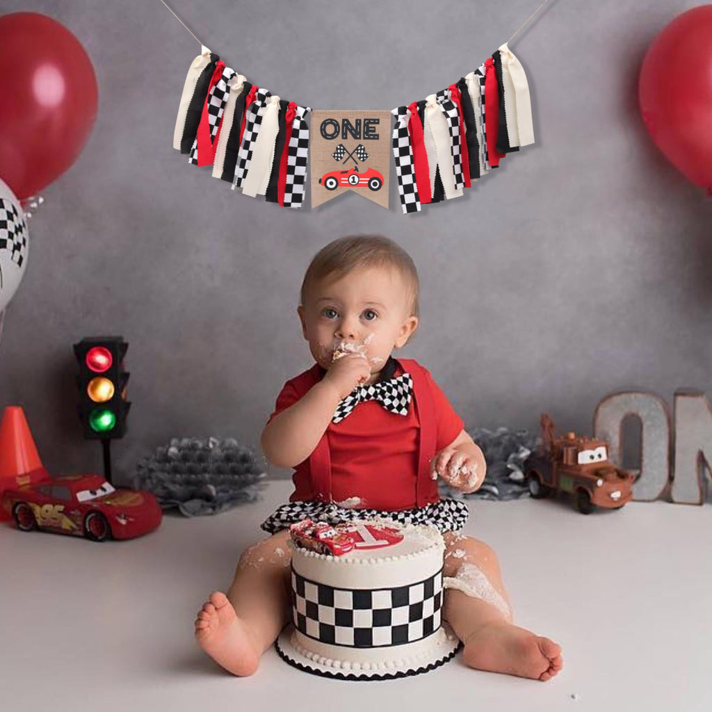 TUTOTU Race Car One High Chair Banner – 1st Birthday Party Decor, Racing Theme