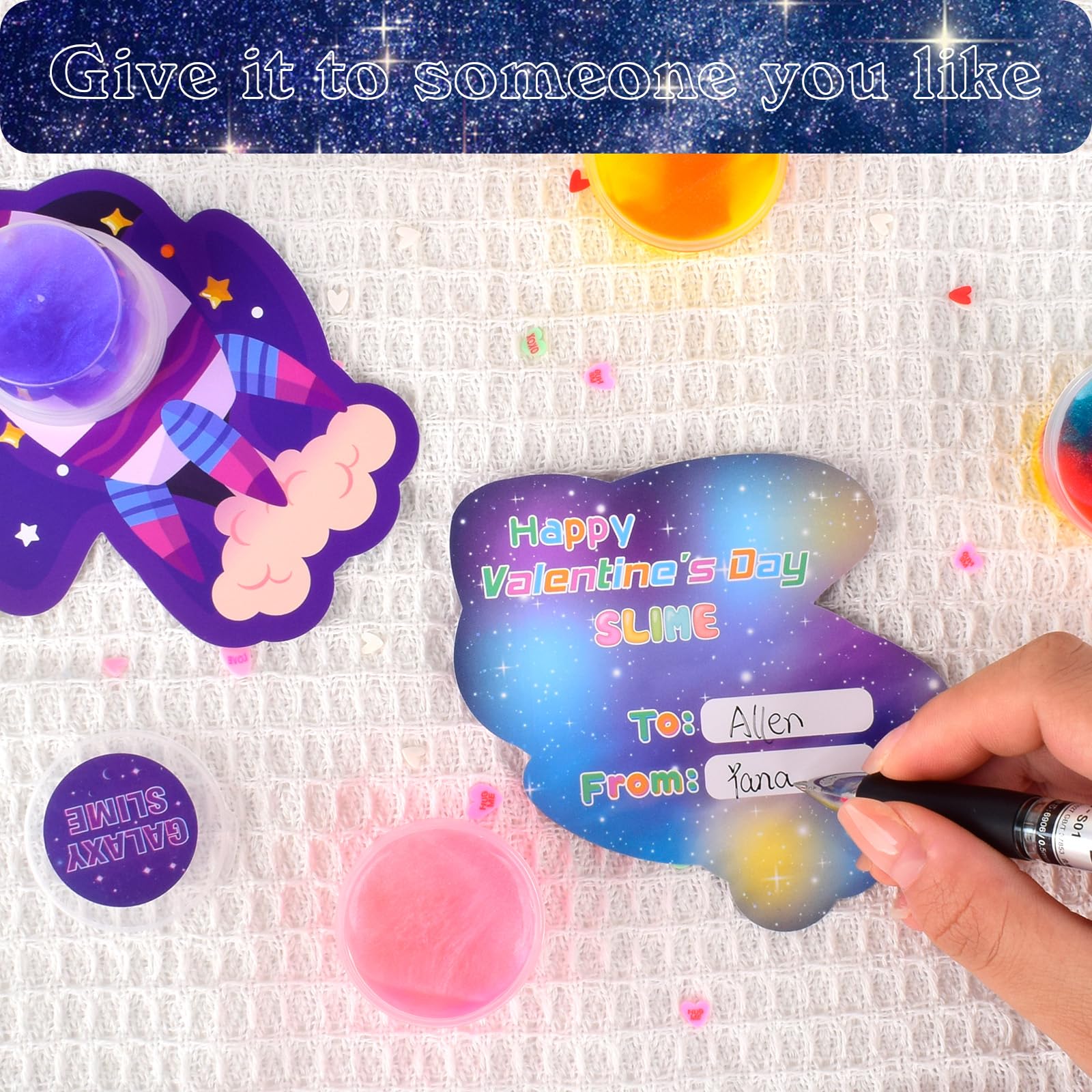 Tuupowana 30-Pack Valentines Day Gift Cards with Galaxy Slime – Kids Party Favors & Classroom Prizes