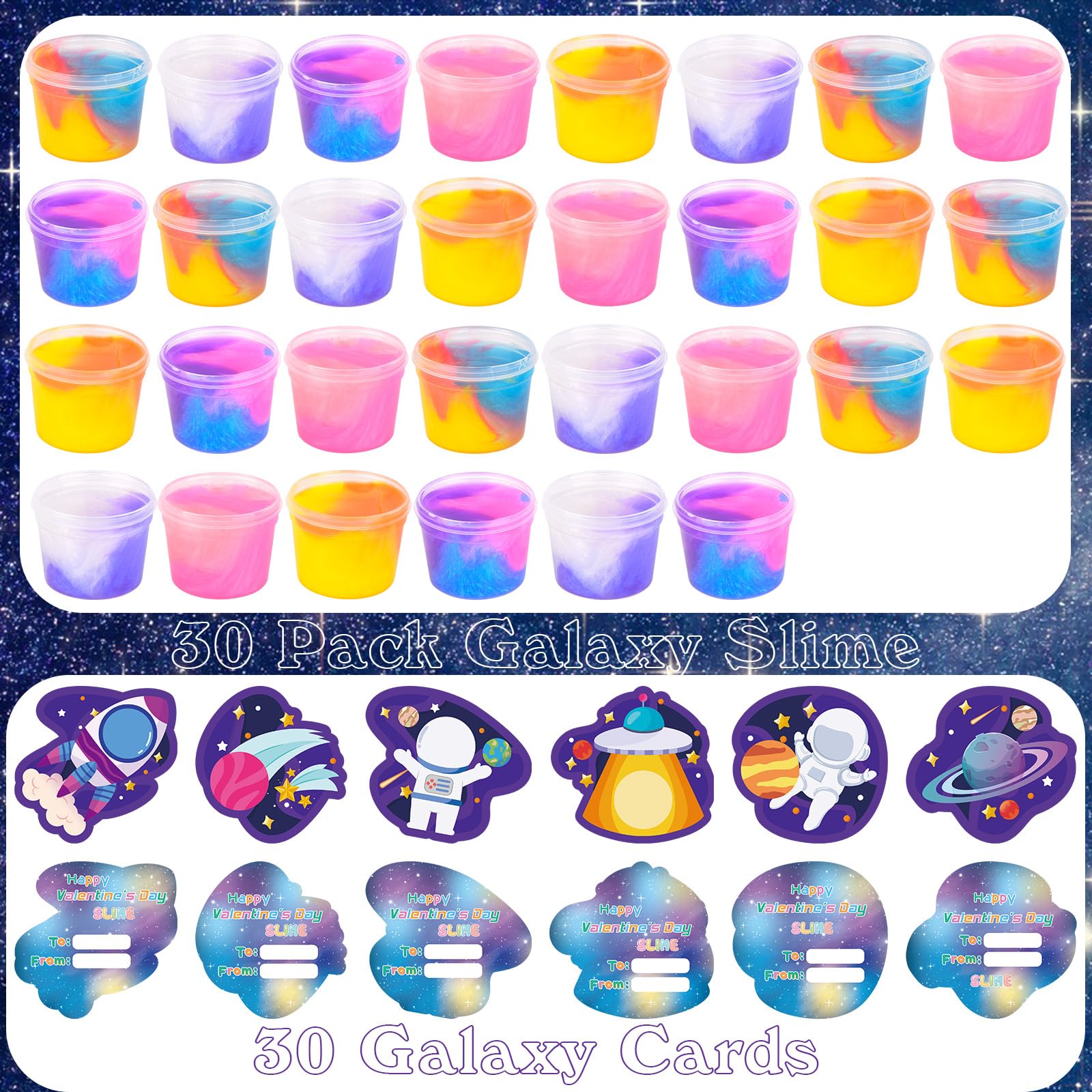 Tuupowana 30-Pack Valentines Day Gift Cards with Galaxy Slime – Kids Party Favors & Classroom Prizes