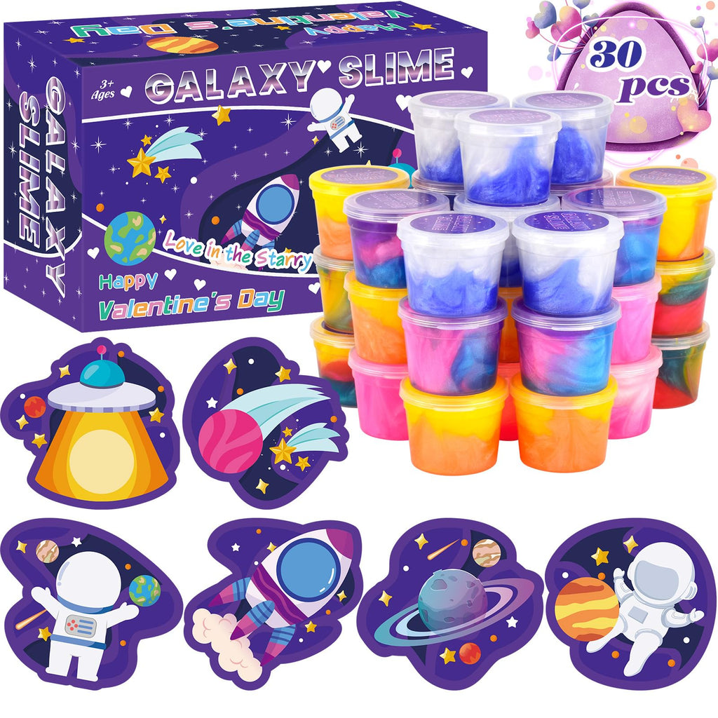 Tuupowana 30-Pack Valentines Day Gift Cards with Galaxy Slime – Kids Party Favors & Classroom Prizes