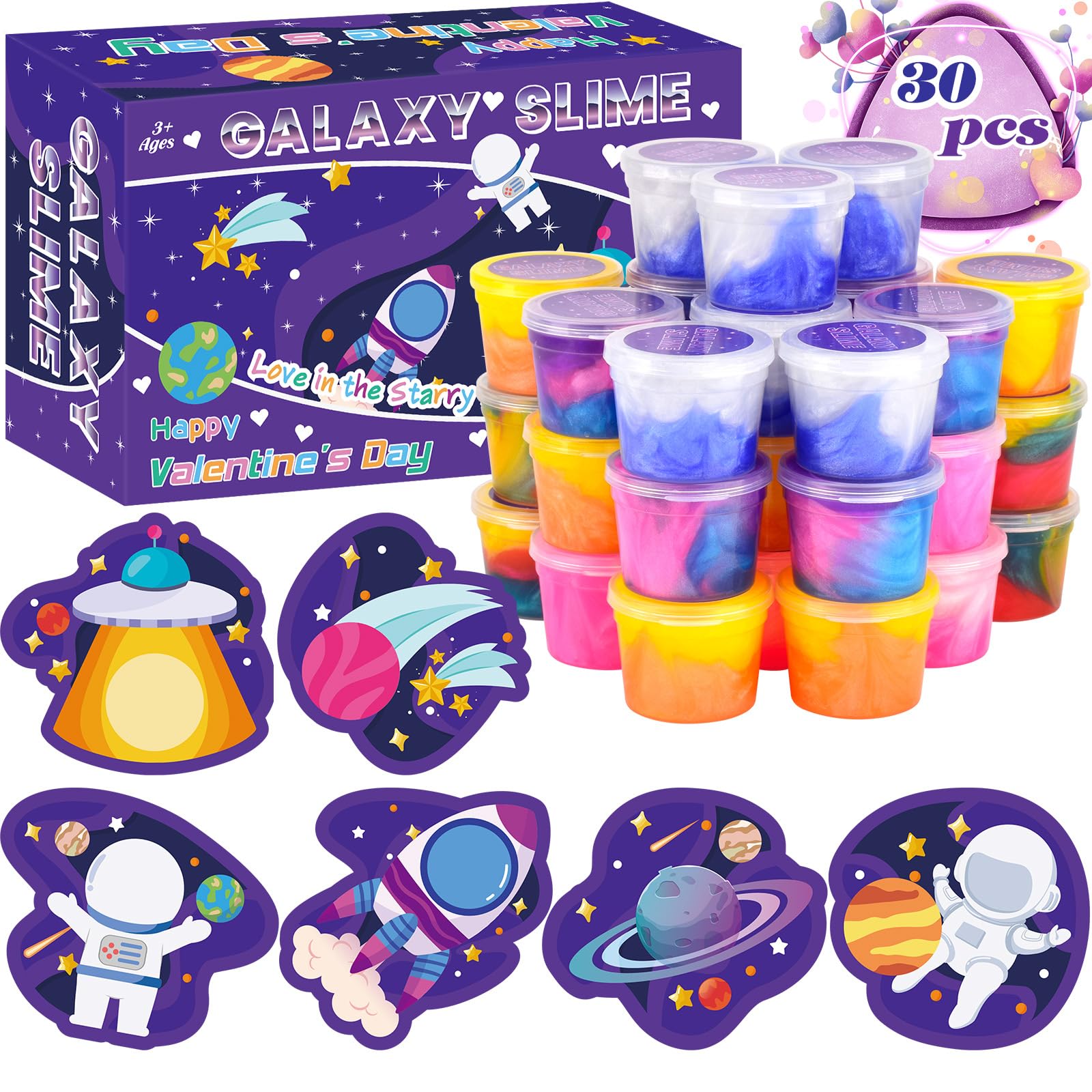 Tuupowana 30-Pack Valentines Day Gift Cards with Galaxy Slime – Kids Party Favors & Classroom Prizes