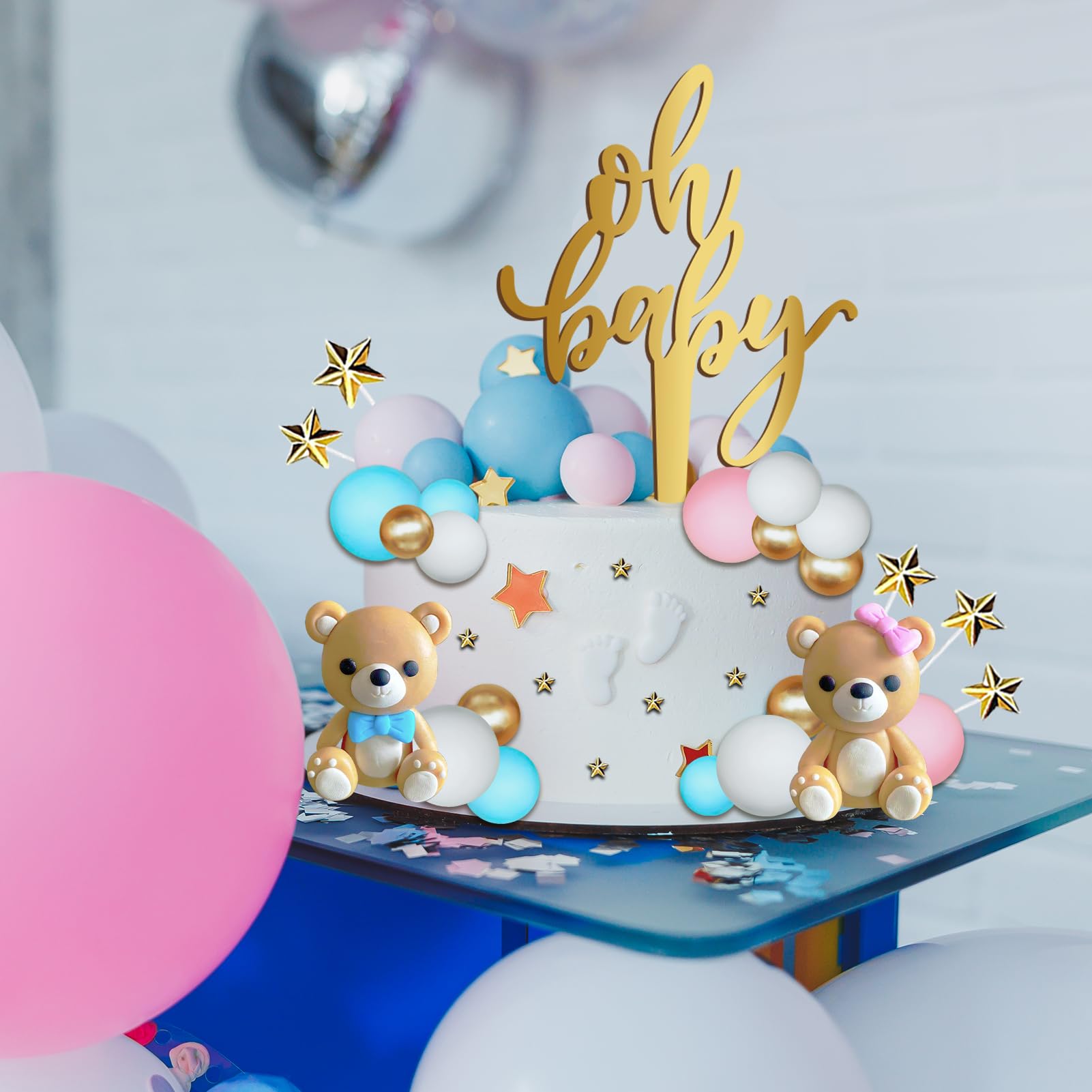 TxscOxwP1 38-Piece Bear Cake Topper Set – Oh Baby Gender Reveal, Blue & Pink