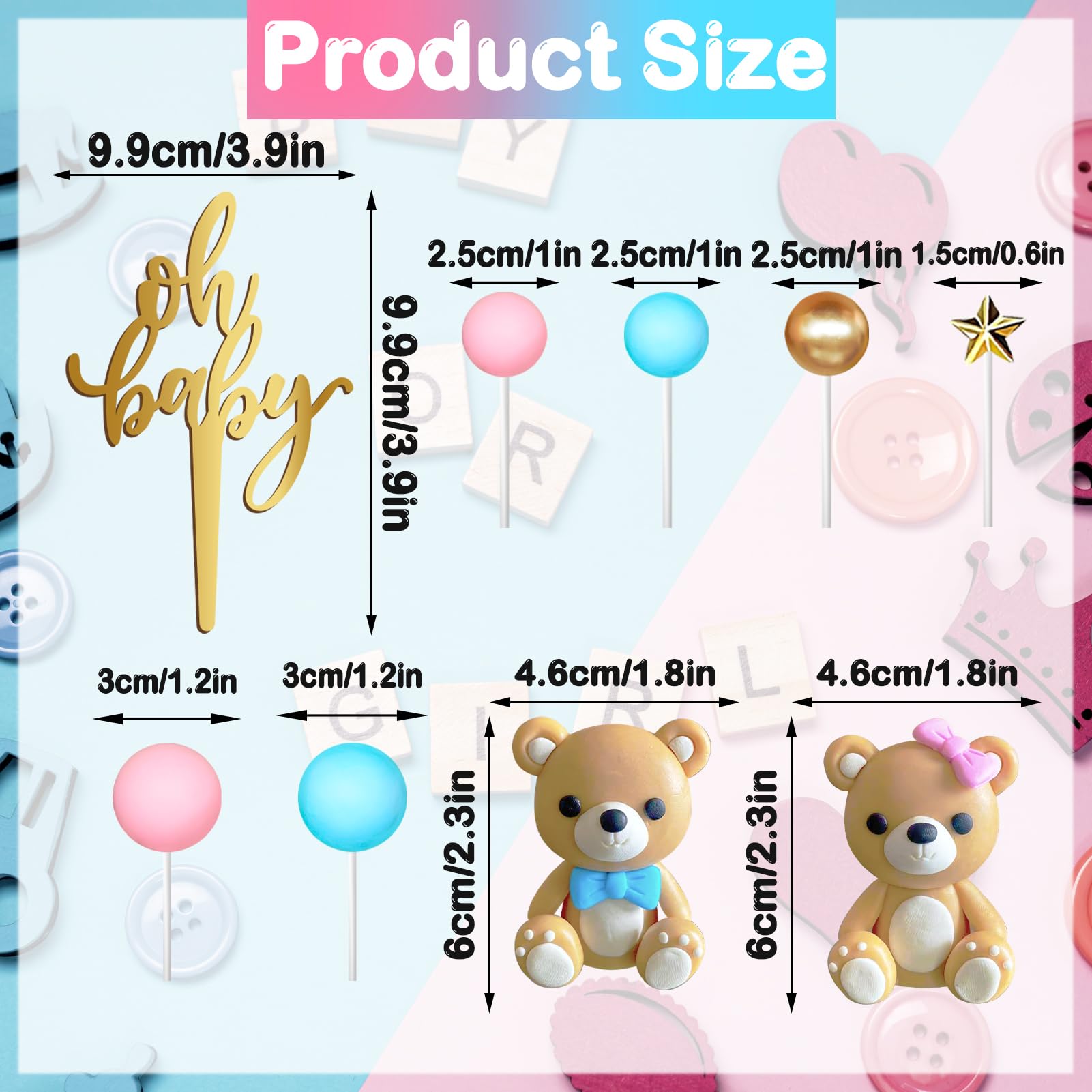 TxscOxwP1 38-Piece Bear Cake Topper Set – Oh Baby Gender Reveal, Blue & Pink