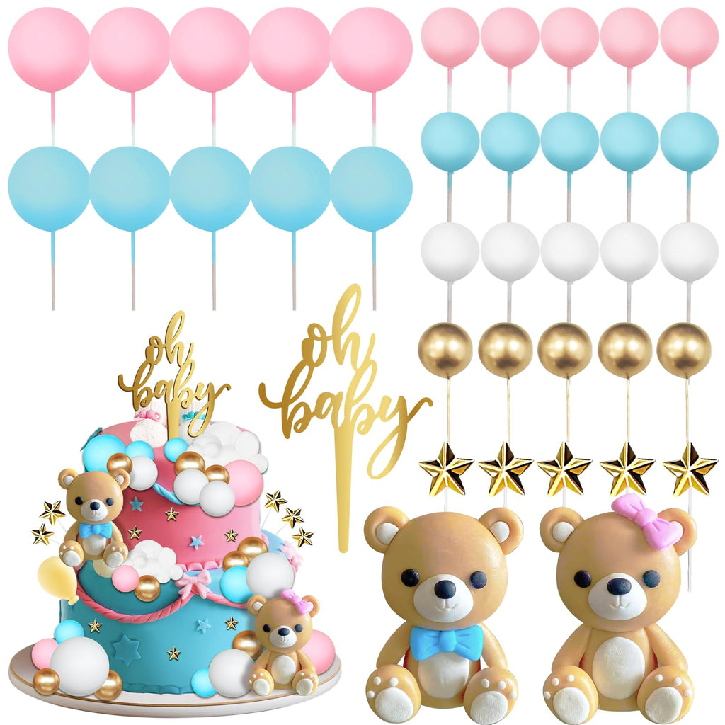 TxscOxwP1 38-Piece Bear Cake Topper Set – Oh Baby Gender Reveal, Blue & Pink