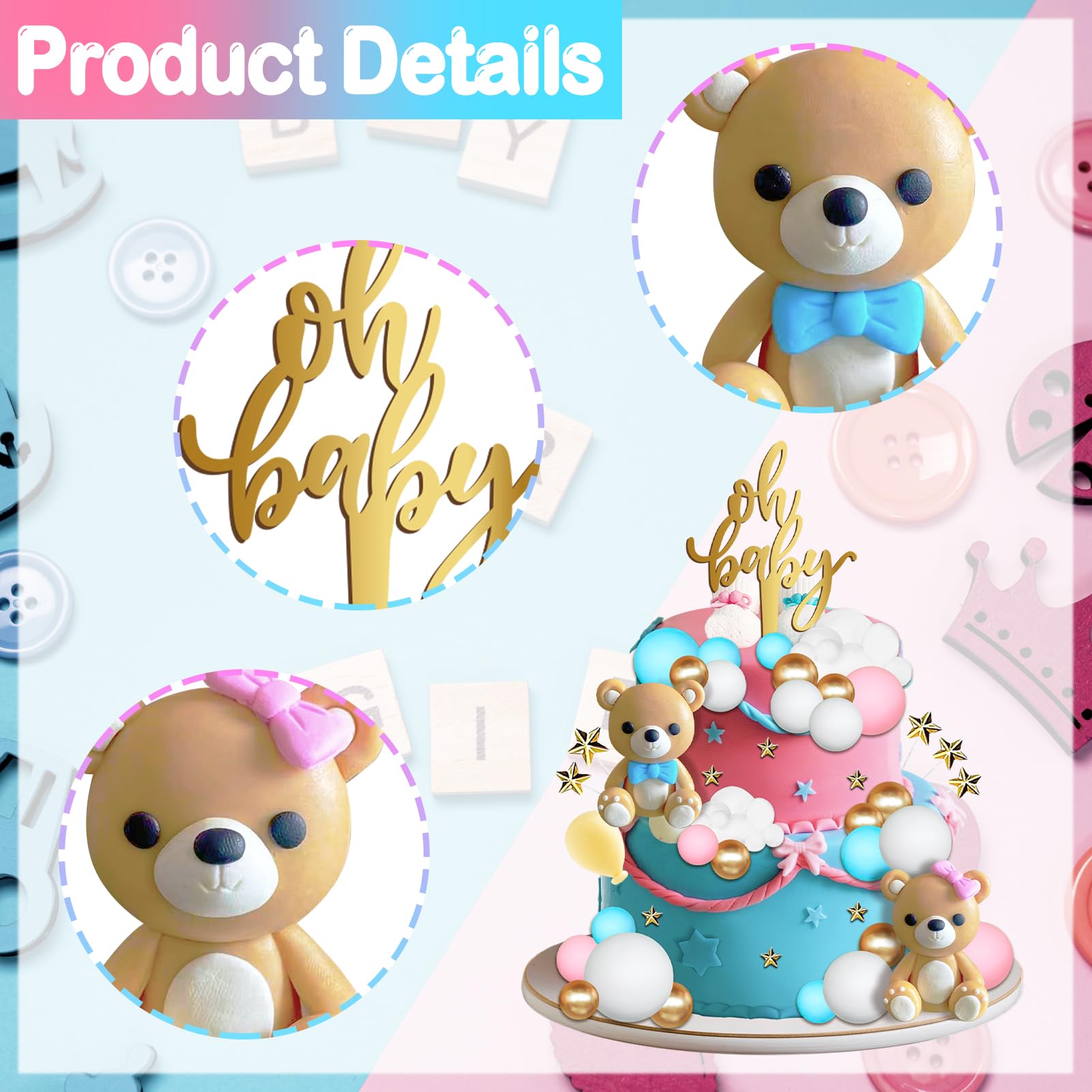 TxscOxwP1 38-Piece Bear Cake Topper Set – Oh Baby Gender Reveal, Blue & Pink
